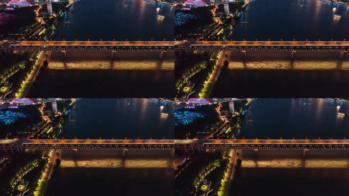湖北省武汉市夜晚跟随拍摄武汉长江大桥航拍