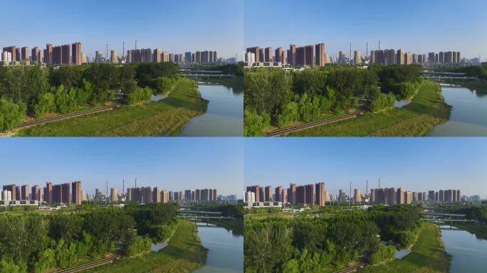 河南省郑州市电厂与城市公园航拍风光