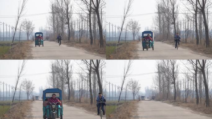 乡村农村公路上车辆行人经过三轮车自行车