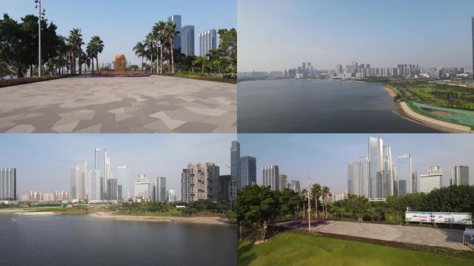 深圳南山前海石公园航拍阳光绿色海边大楼