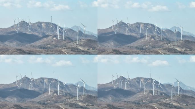长焦航拍威海初村长夼西山的风电群