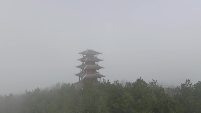 航拍河南信阳震雷山风景区的平山塔