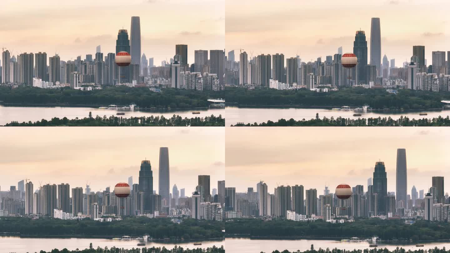 夏季武汉东湖热气球城市天际线日落航拍视角