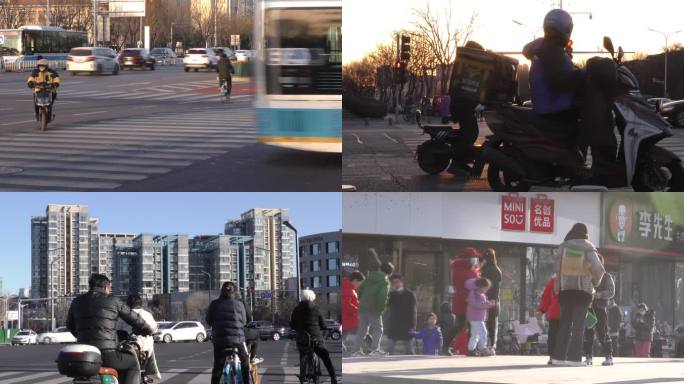 城市繁忙的人骑车骑行上下班过马路骑自行车