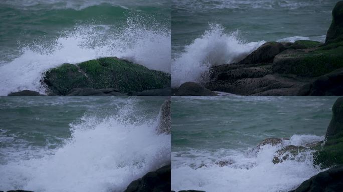 海浪拍打礁石-慢镜头