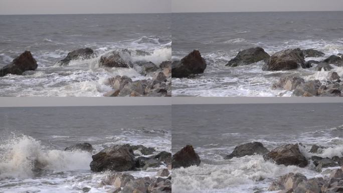 海浪拍打礁石——慢镜头浪花大海海水4