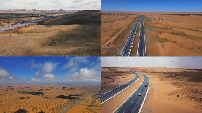 4K沙漠公路航拍越野车穿越沙漠