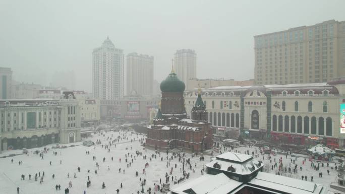 哈尔滨圣索菲亚教堂下雪航拍