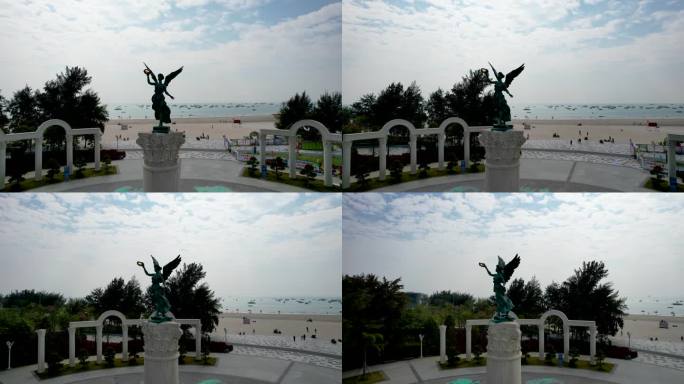 北海银滩景区西门广场雕塑海滨风光航拍