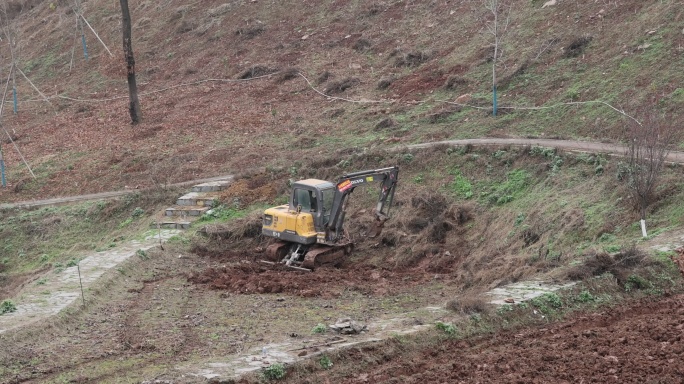 沙坪坝三河村村民使用现代化挖掘机耕地松土