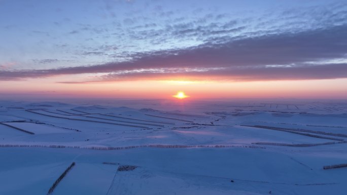 航拍4K内蒙古雪域雪原日落