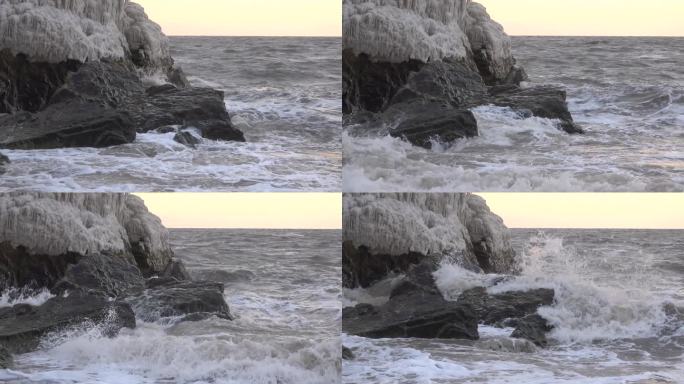 海浪拍打礁石——慢镜头浪花大海海水