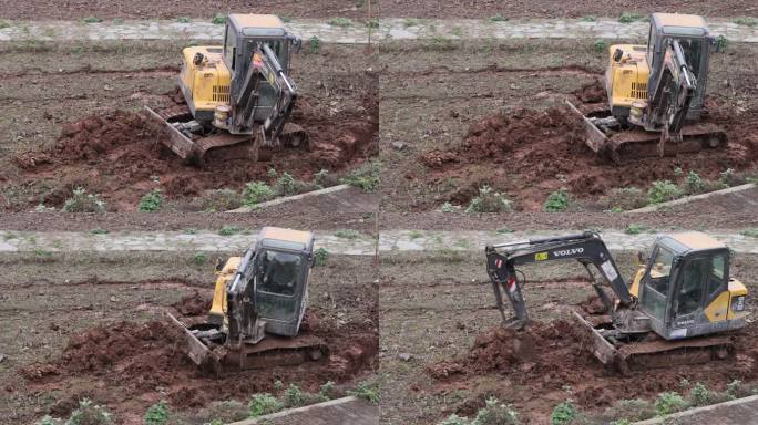 沙坪坝三河村村民使用现代化挖掘机耕地松土