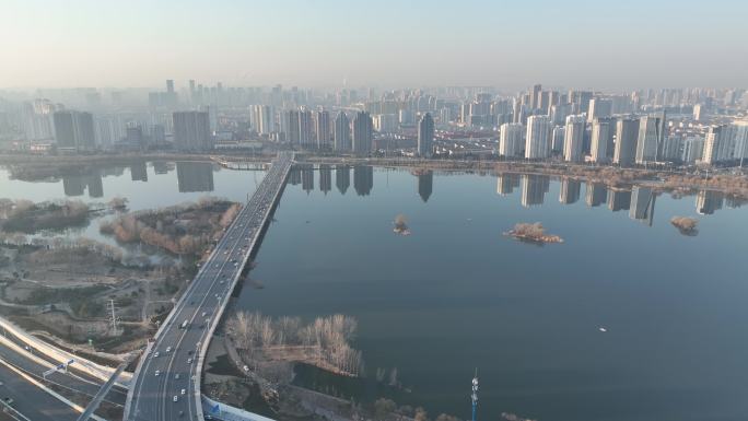 临沂祊河 早晨航拍金锣大桥 城市