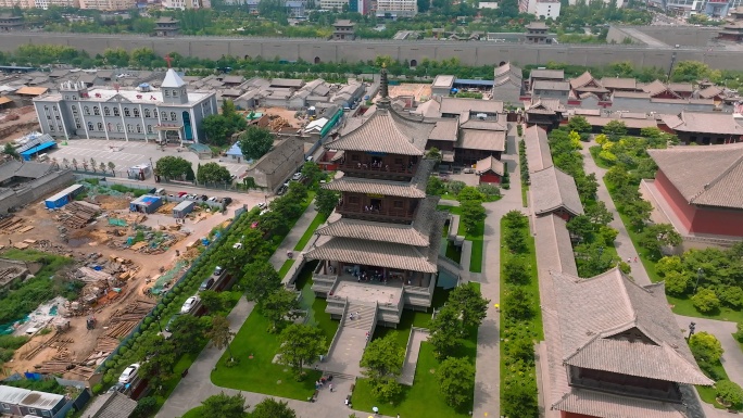 山西省大同市辽代华严寺白天航拍视角风光