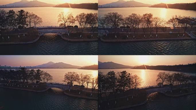航拍清晨的南京玄武湖