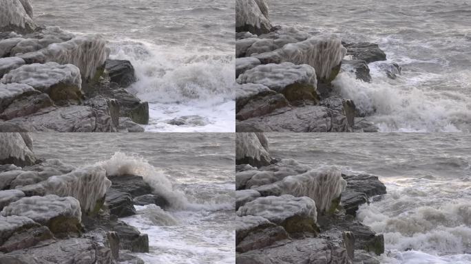 海浪拍打礁石——慢镜头浪花大海海水