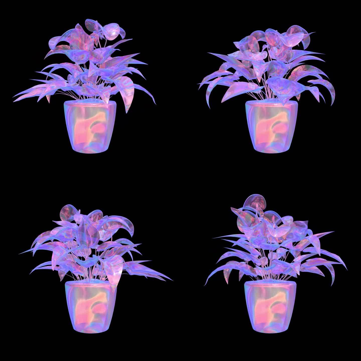 4K赛博朋克绿植盆栽 植物装饰花盆叶子