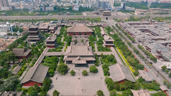 山西省大同市辽代华严寺白天航拍视角风光