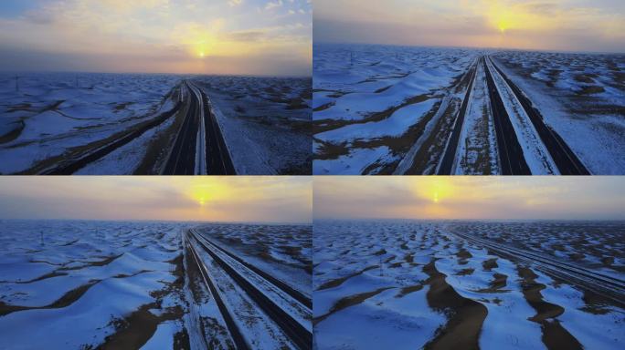 冬季沙漠公路雪景日落风光