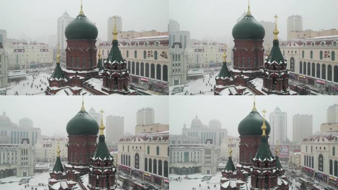 哈尔滨圣索菲亚教堂下雪航拍