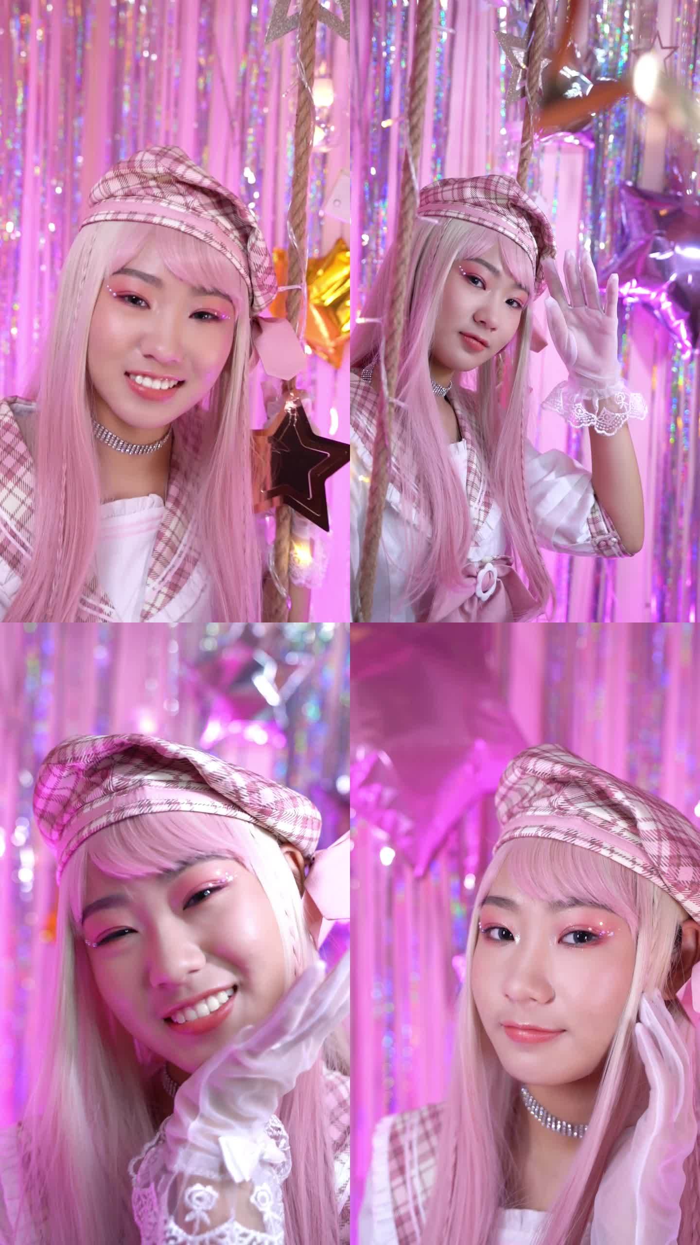日系jk衣服粉色小姐姐精致妆容表演唱歌
