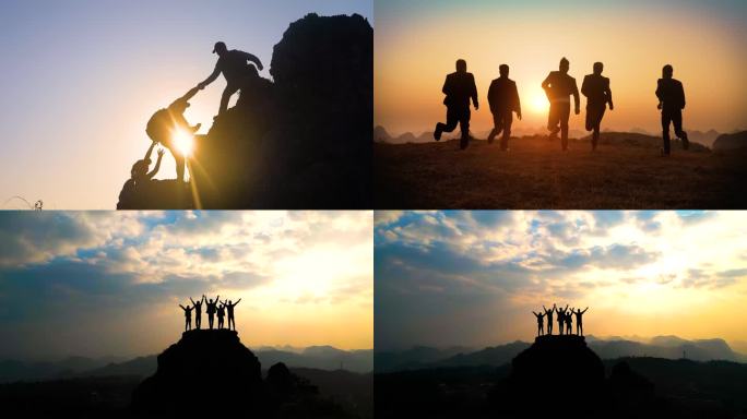 团队登山企业团队手拉手齐心协力成功登顶峰