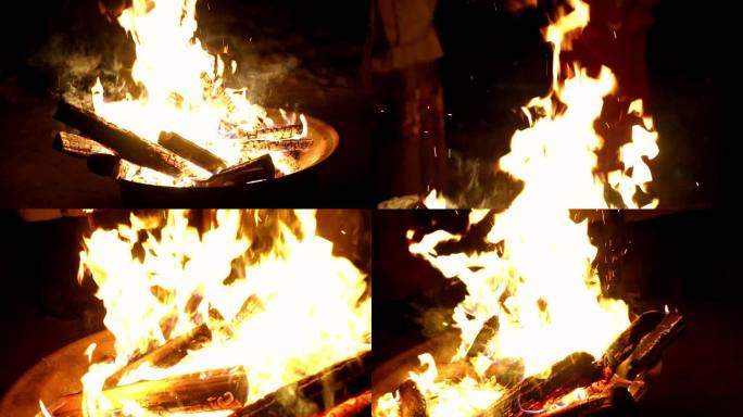 【特写】晚的篝火燃烧的木柴