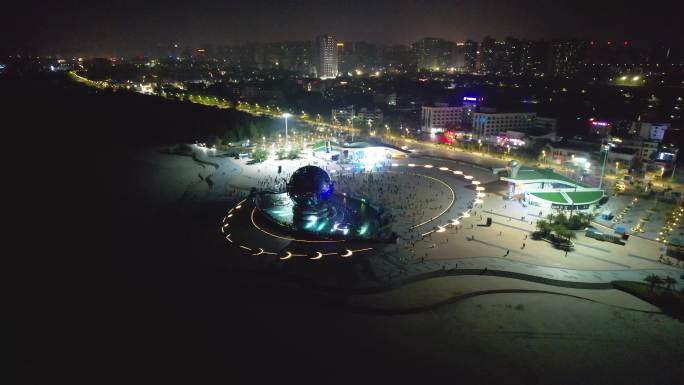 夜景航拍 北海银滩潮雕广场