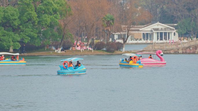 城市公园湖景划船观光美好生活