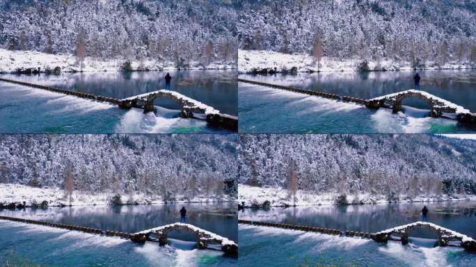 一个人河流小桥唯美雪景