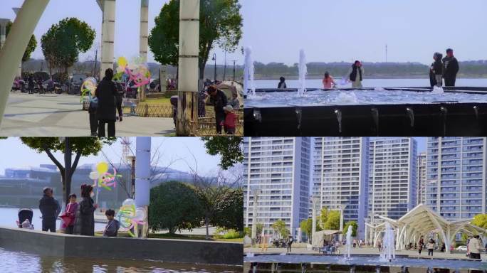 公园 风筝 气球 喷泉