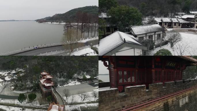 4k航拍武汉东湖楚城雪景