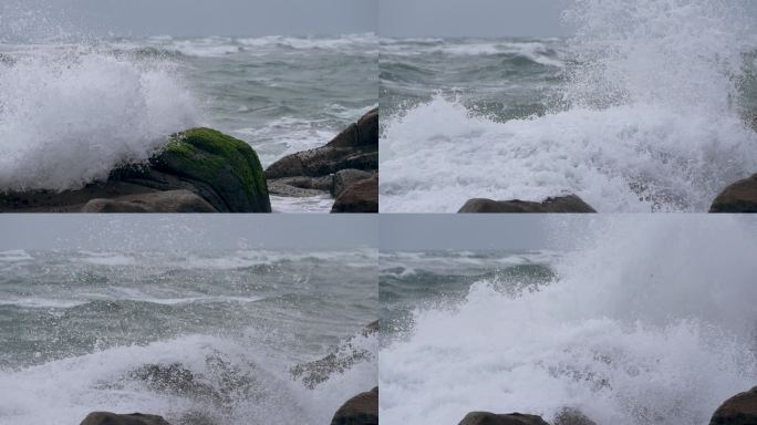 海岸礁石浪花飞溅-高速摄影