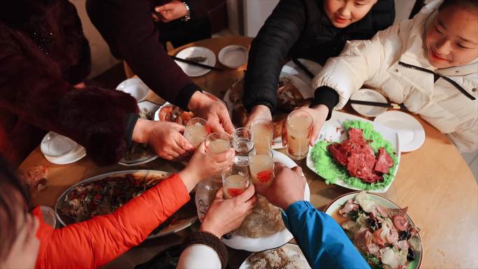 一家人吃年夜饭 吃饺子看春晚 干杯