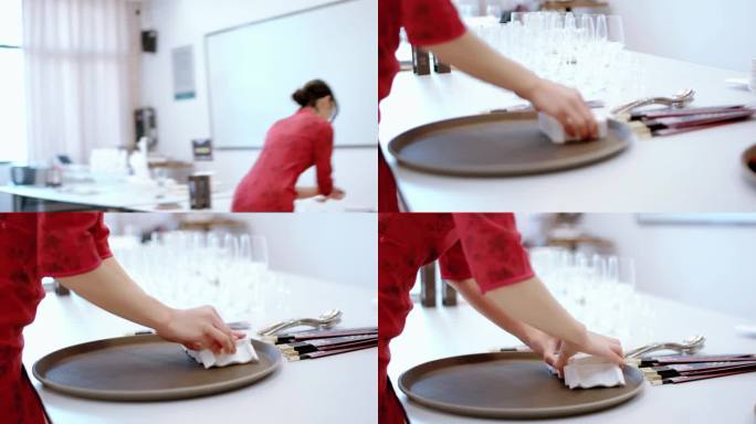 五星级酒店美女摆放餐具