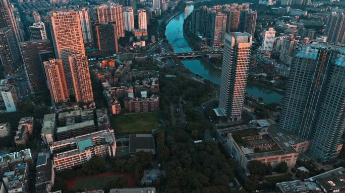 航拍成都都市景观夕阳下的城市风景