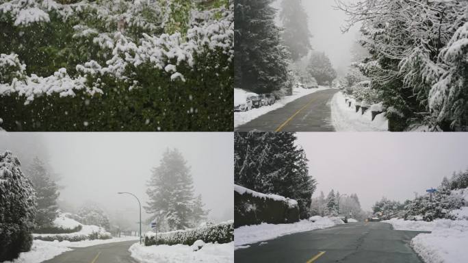 唯美慢速实拍大雪纷飞的城市景观