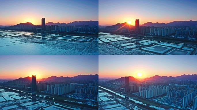 4K乐清城市市中心鸟瞰日出大景航拍