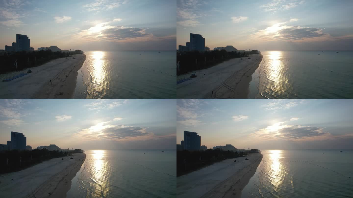 北海银滩海上日出朝阳潮雕广场城市风光航拍