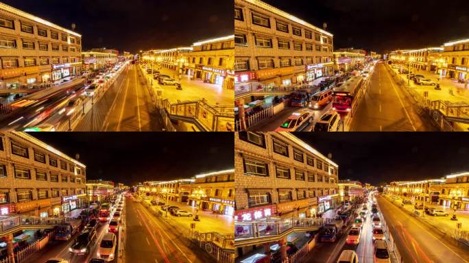 西藏拉萨八廓街大范围车流全景夜景延时