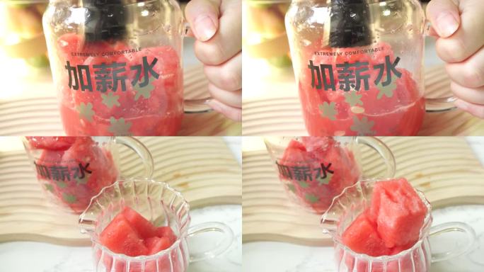 【镜头合集】玻璃杯放入水果西瓜块榨(2)