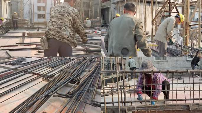 建筑工人在打钉板 扎钢筯镙纹钢 基建工地