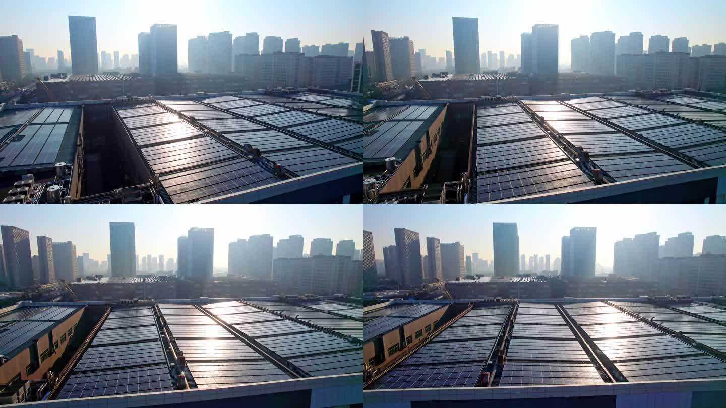 城市日出屋顶太阳能板光伏
