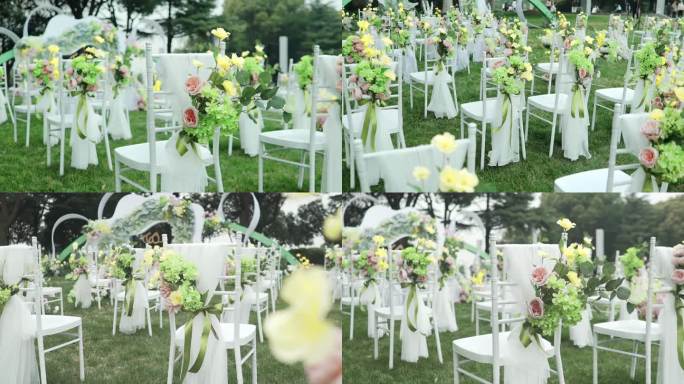 户外婚礼铁凳子后的鲜花布置结婚婚礼