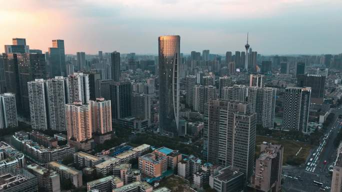 航拍成都市中心东大街夏日夕阳都市景观