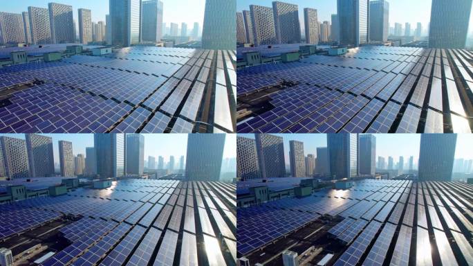 城市日出屋顶太阳能板光伏