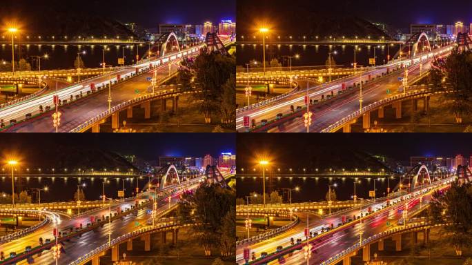 西藏拉萨柳梧大桥夜景车流中景延时