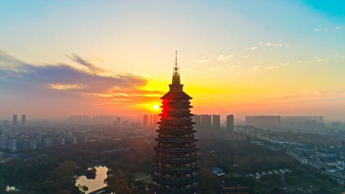 4K江苏常州红梅公园天宁寺天宁宝塔日出