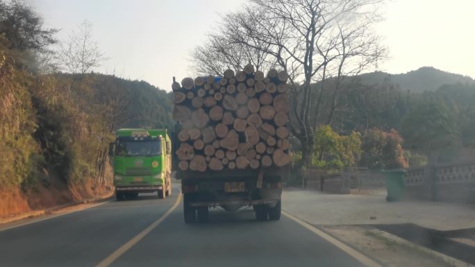 傍晚乡村道路行驶木材运输